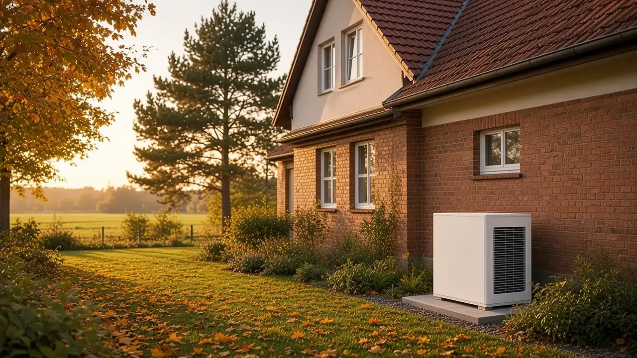Wärmepumpe im Herbstgarten vor einem Klinkerhaus mit Satteldach in Herzberg (Elster)